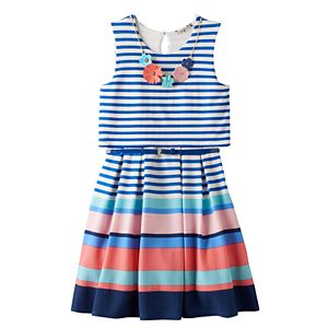 Girls 7-16 Knitworks Mixed Stripe Popover Skater Dress with Necklace