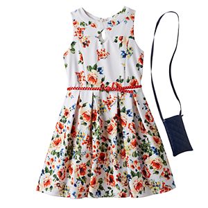 Girls 7-16 Knitworks Floral Patterned Textured Skater Dress & Crossbody Purse Set