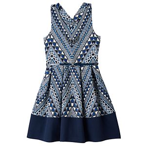 Girls 7-16 Knitworks Printed Bow Back Belted Skater Dress with Necklace