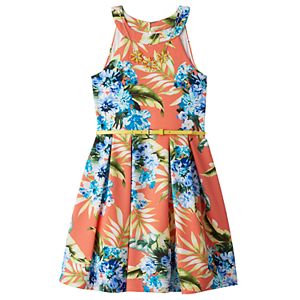 Girls 7-16 Knitworks Floral Textured Skater Dress with Necklace