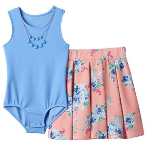 Girls 7-16 Knitworks Sleeveless Bodysuit & Floral Skater Skirt with Necklace