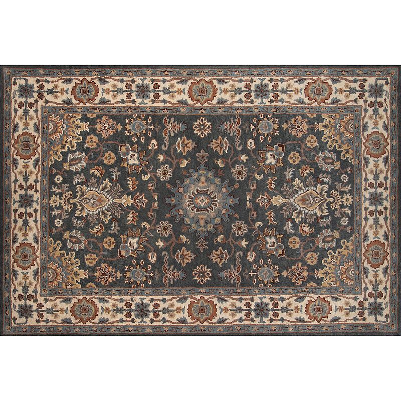 Momeni Tudor Ewan Framed Floral Wool Rug, Med Grey, 5X7.5 Ft