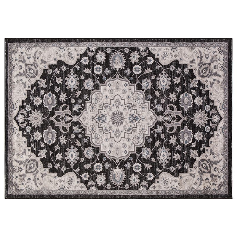 Concord Global Lara Center Medallion Framed Floral Rug, Black, 6.5X9 Ft