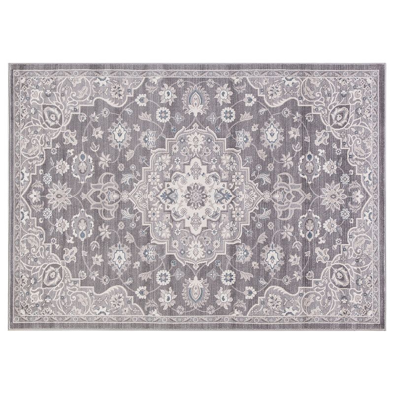 Concord Global Lara Center Medallion Framed Floral Rug, Grey, 8Ft Rnd