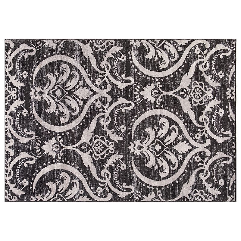 Concord Global Lara Large Damask Rug, Black, 5X7.5 Ft