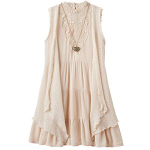 Girls 7-16 Knitworks Vest, Necklace & Tiered Dress Set