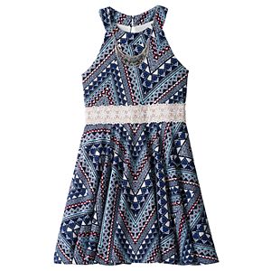 Girls 7-16 Knitworks Printed Lace Trim Halter Skater Dress with Necklace