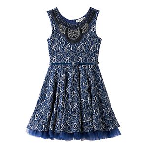 Girls 7-16 Knitworks Rhinestone Collar Belted Lace Dress