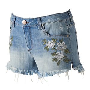 Juniors' Tinseltown Floral Denim Shortie Shorts