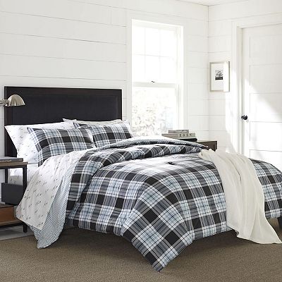 Eddie Bauer King Duvet Cover Set - Reversible Cotton Plaid Bedding With Shams (Portage Bay Grey)