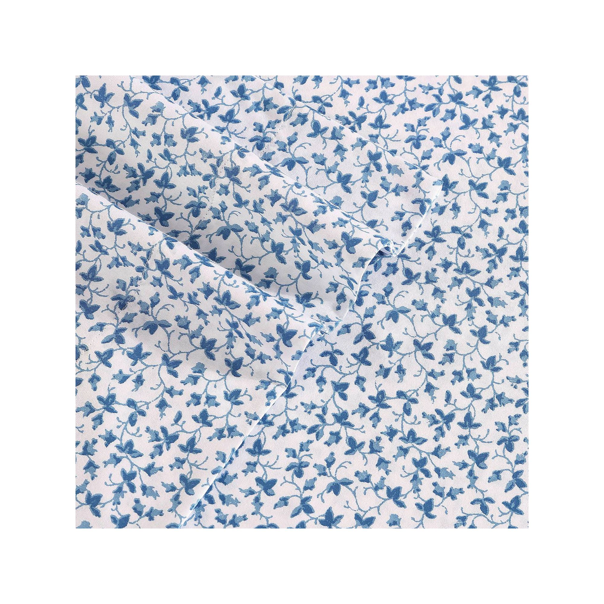 Laura Ashley Sateen Cotton 300 Thread Count Printed Sheet Set, Lavange Blue