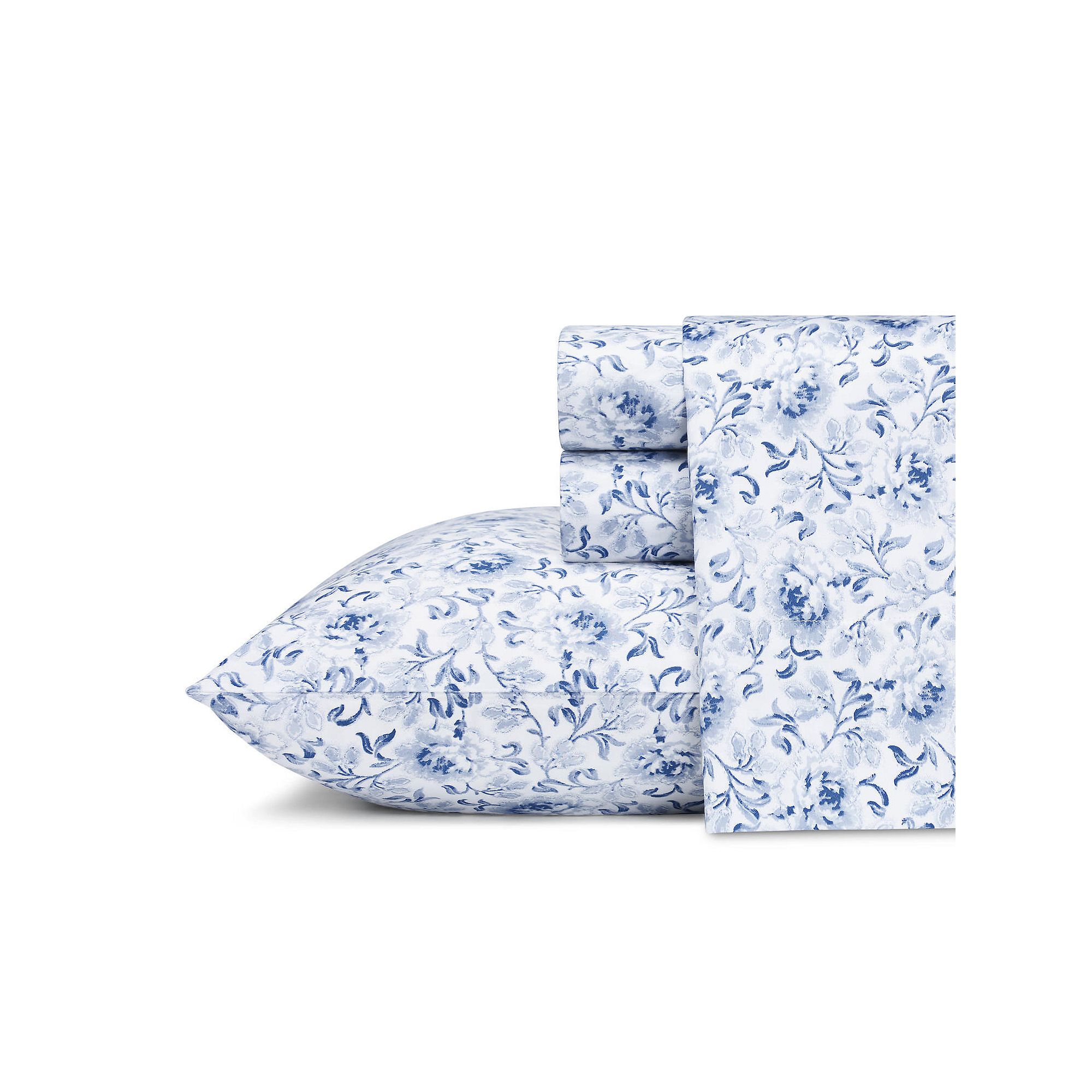 Laura Ashley Sateen Cotton 300 Thread Count Printed Sheet Set, Lorelei Blue