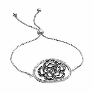 Brilliance Silver Plated Marcasite Flower Lariat Bracelet