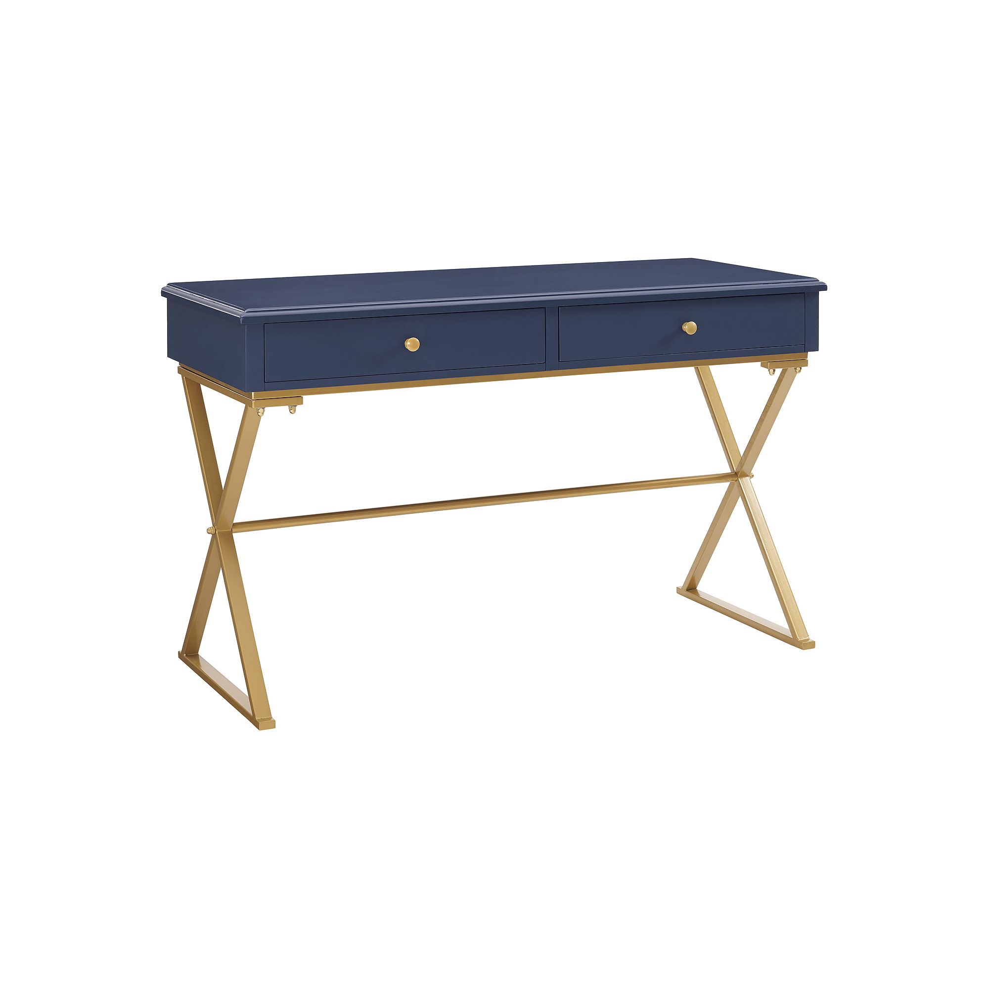 Linon Gold Finish 2-Drawer Desk, Blue