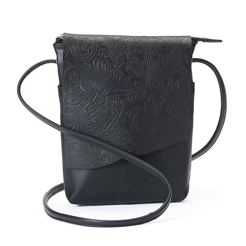 ili RFIDBlocking Floral Embossed Leather Flap Crossbody Bag