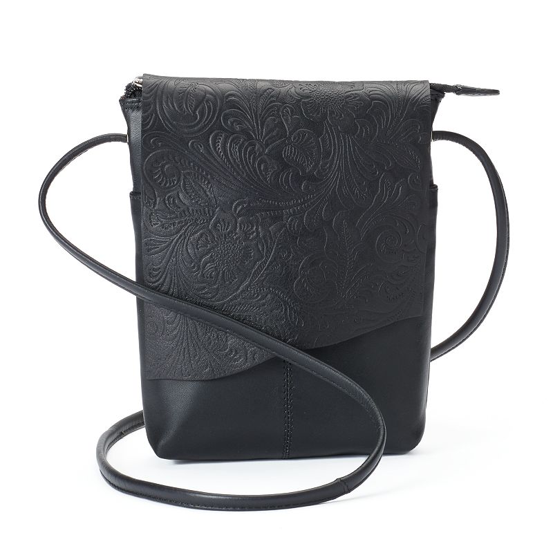 ili RFID-Blocking Floral Embossed Leather Flap Crossbody Bag, Black