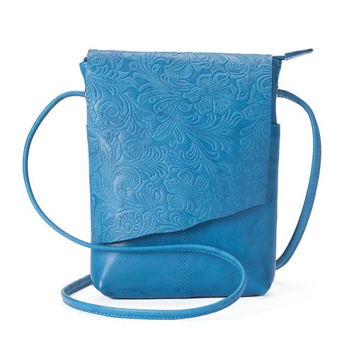 ili RFIDBlocking Floral Embossed Leather Flap Crossbody Bag
