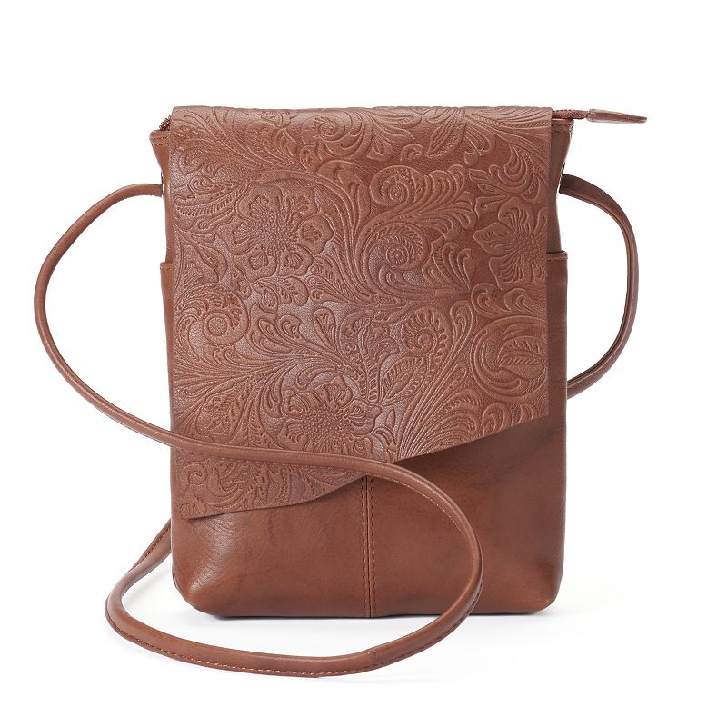 ili RFID-Blocking Floral Embossed Leather Flap Crossbody Bag, Brown
