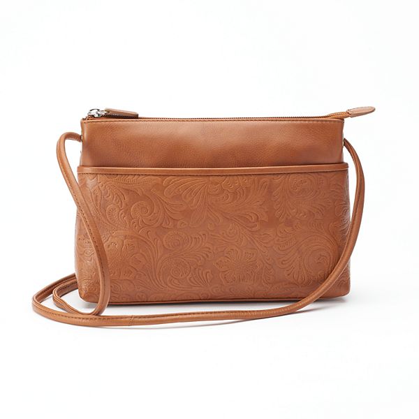 ili Floral Embossed Leather Crossbody Bag - Saddle