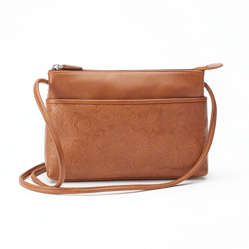 ili Floral Embossed Leather Crossbody Bag, Saddle