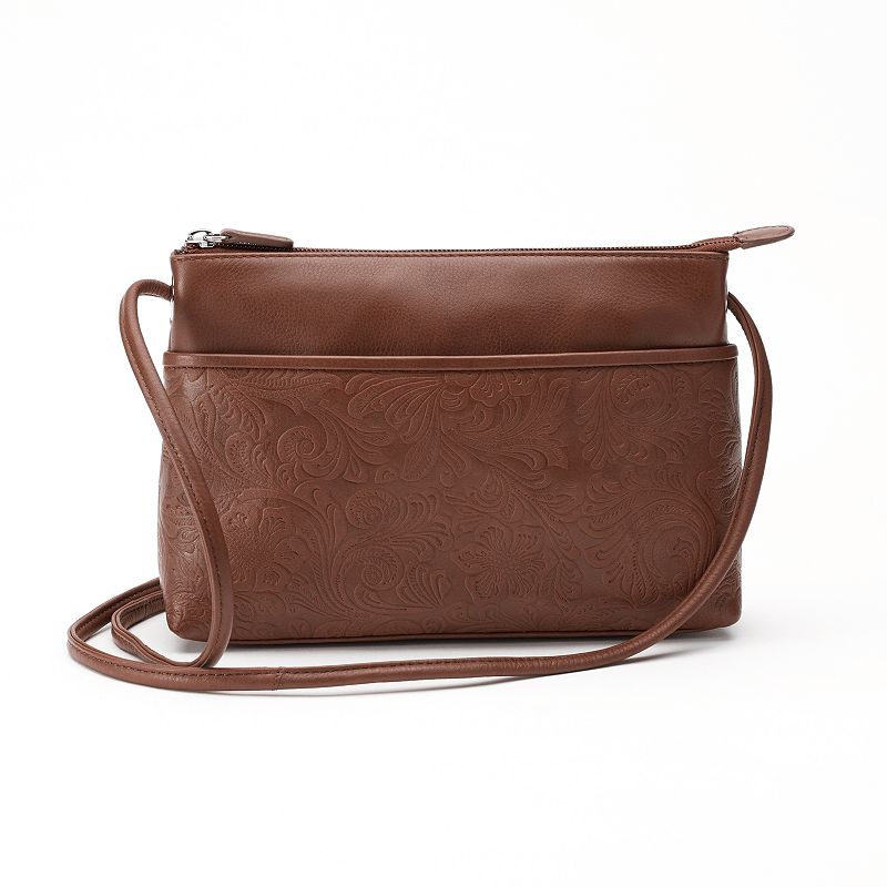 ili Floral Embossed Leather Crossbody Bag, Brown