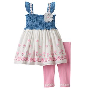 Baby Girl Nannette Smocked Chambray Flower Tunic & Leggings Set