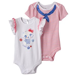 Baby Girl Baby Starters 2-pk. Kitty Graphic & Striped Bodysuits