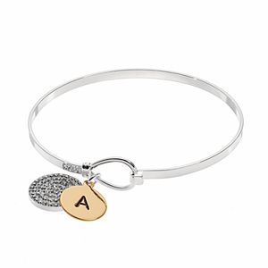 Two Tone Silver Plated Crystal Disc Initial Charm Bangle Bracelet