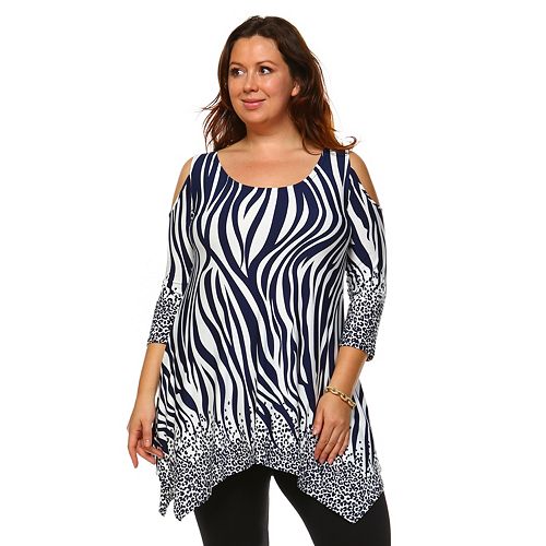 Plus Size White Mark Cold-Shoulder Shark-Bite Tunic