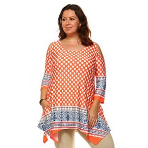 Plus Size White Mark Cold-Shoulder Shark-Bite Tunic