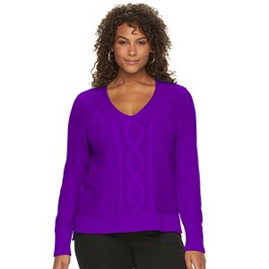 Plus Size Chaps Cable-Knit V-Neck Sweater