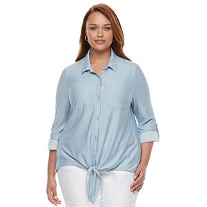 Plus Size French Laundry Roll-Tab Tie Front Shirt