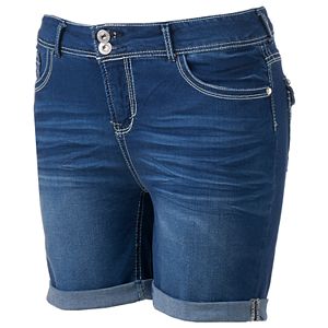 Juniors' Plus Size Wallflower Embellished 2-Button Denim Midi Shorts