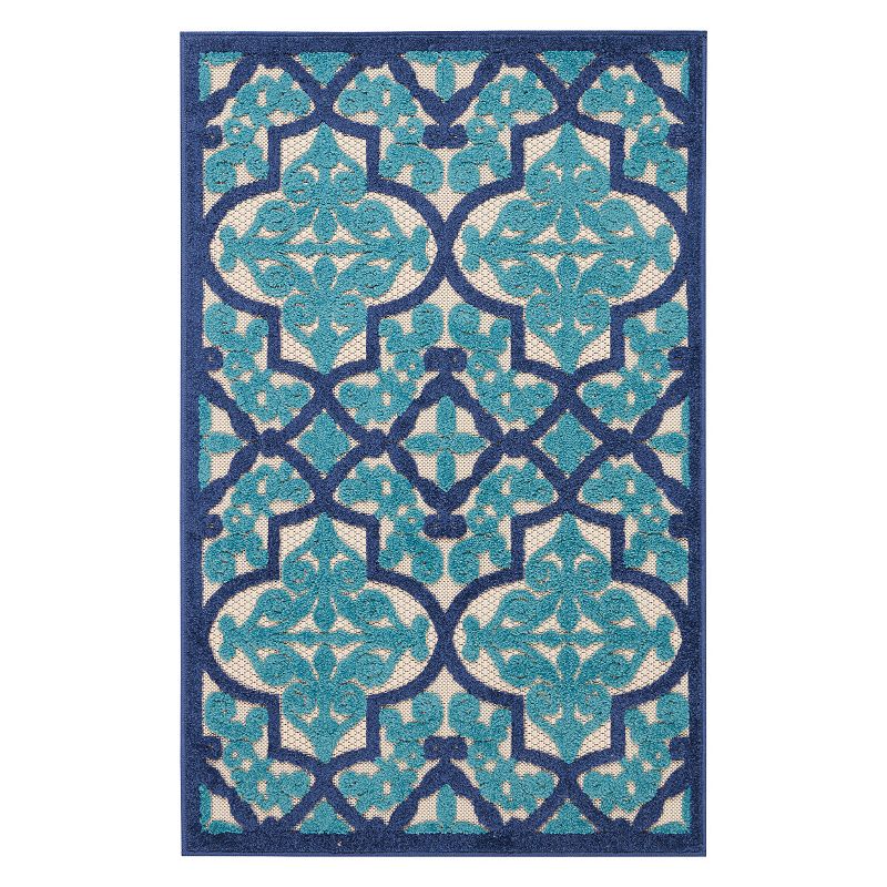 Nourison Aloha Grand Escape Quatrefoil Indoor Outdoor Rug, Blue, 8X10.5 Ft