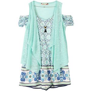Girls 7-16 Speechless Print Romper, Drape-Front Vest & Necklace Set