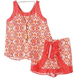 Girls 7-16 Mosaic Tank Top, Shorts & Necklace Set