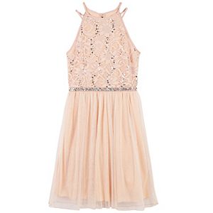 Girls 7-16 Speechless Blush Glitter Lace Halter & Tulle Skirt Dress