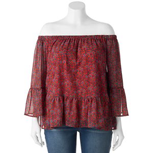 Juniors' Plus Size HeartSoul Woven Print Off Shoulder Top