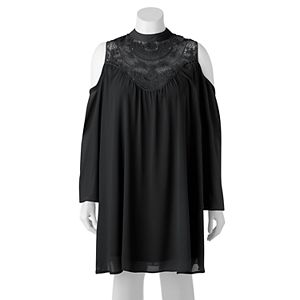 Juniors' Plus Size HeartSoul Crochet Yoke Cold Shoulder Dress