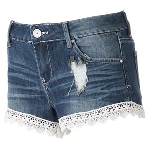 Juniors' Almost Famous Crochet Hem Shortie Jean Shorts