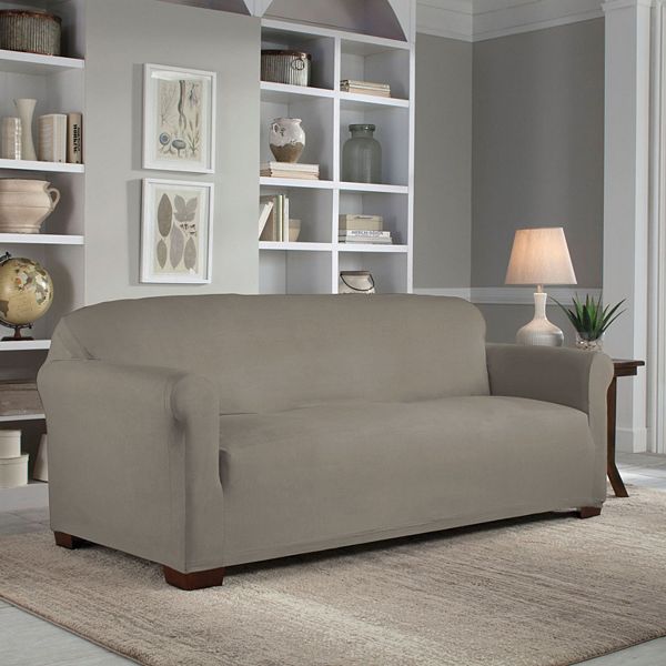 Serta 848004 1 Piece Reversible Stretch Suede Box Sofa Slipcover Brown/Ivory