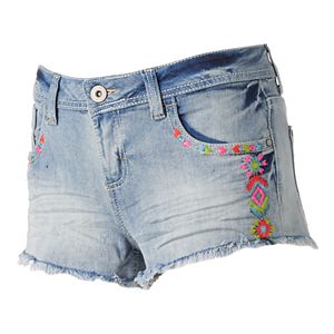 Juniors' Almost Famous Fray Hem Neon Embroidery Shortie Jean Shorts