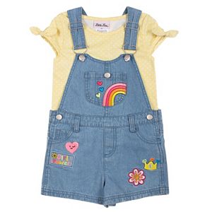 Toddler Girl Little Lass Print Tee & Patch Denim Shortalls Set