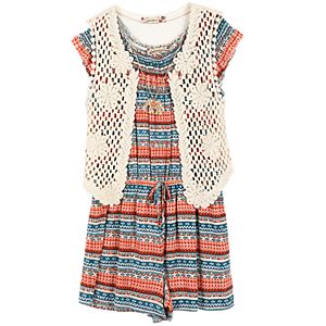 Girls 7-16 Speechless Crochet Vest & Tribal Striped Patterned Romper Set with Necklace