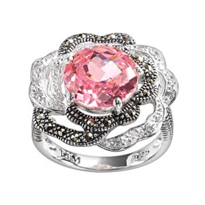 Lavish by TJM Sterling Silver Cubic Zirconia & Marcasite Flower Ring