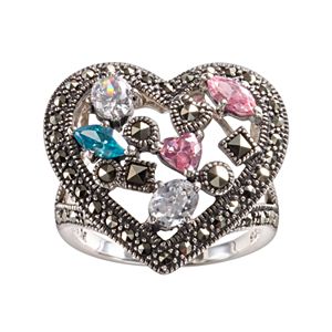 Lavish by TJM Sterling Silver Cubic Zirconia, Simulated Quartz & Marcasite Heart Ring