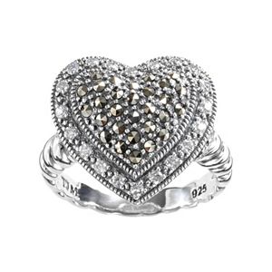 Lavish by TJM Sterling Silver Cubic Zirconia & Marcasite Tiered Heart Ring