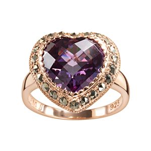 Lavish by TJM 18k Rose Gold Over Silver Purple Cubic Zirconia & Marcasite Heart Ring