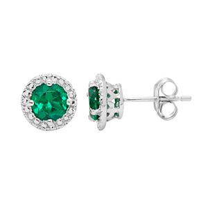 10k White Gold Lab-Created Emerald Beaded Halo Stud Earrings