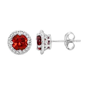 10k White Gold Garnet Beaded Halo Stud Earrings